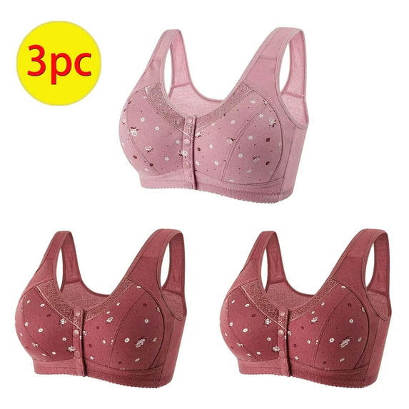 GERsome 3Pcs Assorted Color Everyday Bra Women's Plus Size Convenient Front Closure No Underwire Full Coverage Bras Comfort Wide Strap Sleep Bra for Women 3PCS#2Wine/Hot Pink XXXL