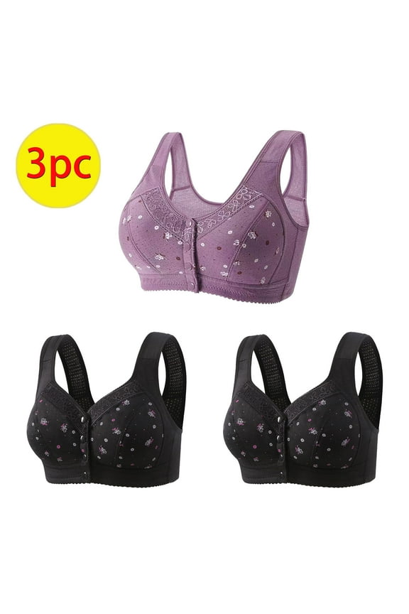 3Pcs Women's Front Closure Bra No Underwire Plus Size Full Coverage T-Shirt Bras Convenient Snap Sleep Bra for Women Plus Size Bra Assorted Color