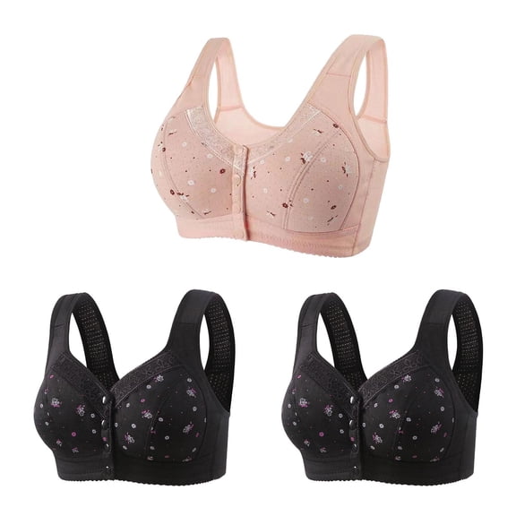 GERsome 3Pcs Women's Front Closure Bra No Underwire Plus Size Full Coverage T-Shirt Bras Convenient Snap Sleep Bra for Women Plus Size Bra Assorted Color