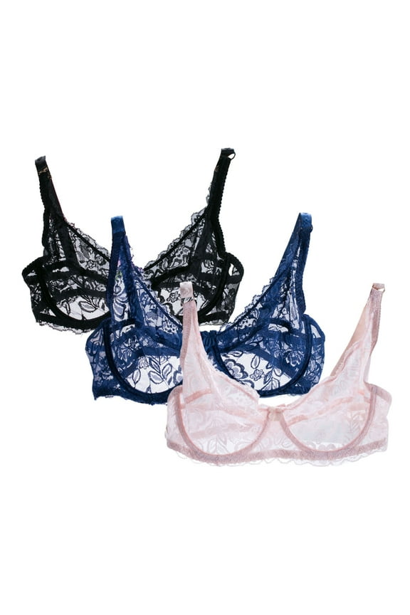 3Pcs Women's Lace Sexy Bra See Through Sheer Unlined Plus Size Bras Assorted Color