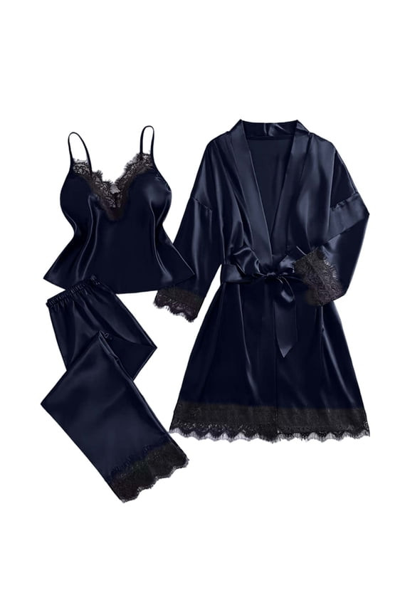 3pcs Womens Silk Satin Pajamas Set - Lace Cami Pant Sleepwear Lounge with Robe Sets S-3XL