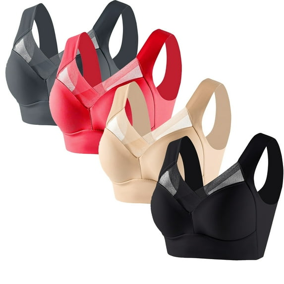 GERsome 4 Pack Assorted Color Mesh Bras for Women No Underwire Wireless Comfort Lift Push Up Bralettes for Women V Neck Full Coverage Everyday Bra