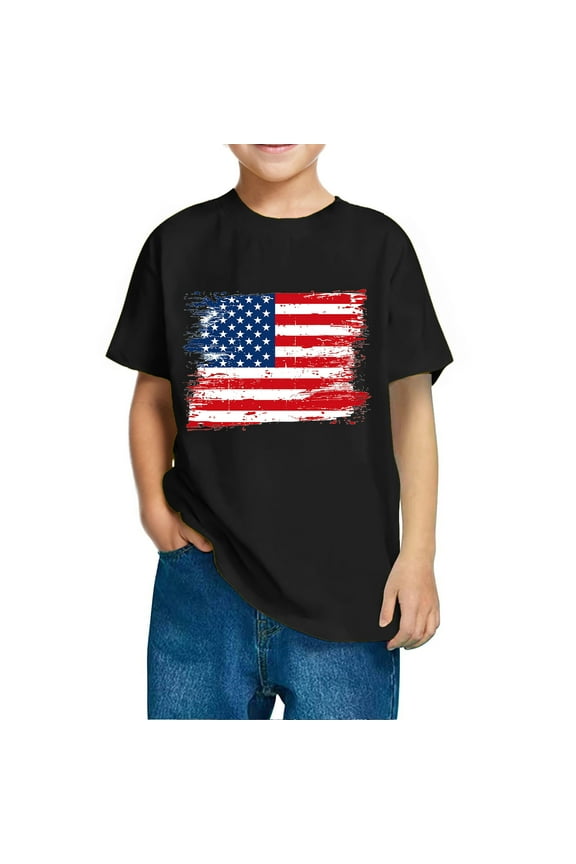 4th of July T-Shirts for Boys Girls American Flag Cotton Short Sleeve Crewneck Tshirt USA Flag Stars Stripes Patriotic Graphic Tee, Sizes 4-5 Years