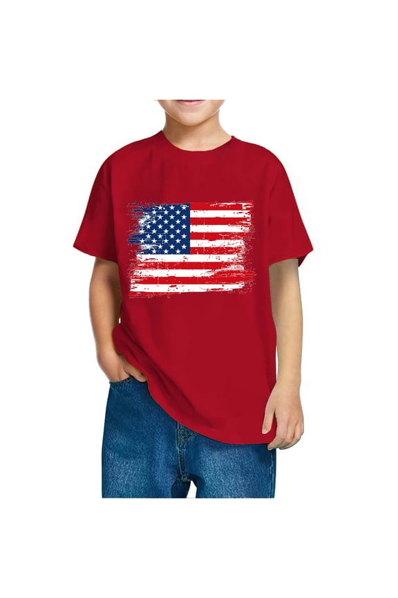 4th of July T-Shirts for Boys Girls American Flag Cotton Short Sleeve Crewneck Tshirt USA Flag Stars Stripes Patriotic Graphic Tee, Sizes 7-8 Years
