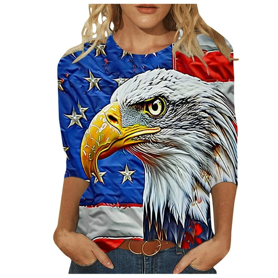 GERsome 4th of July 3/4 Sleeve Womens Tops Casual Loose Fit Crewneck T Shirts American Flag Patriotic Tee Shirts S-3XL