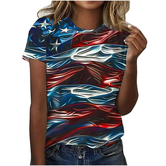 GERsome 4th of July Crewneck T-Shirt for Women American Flag Patriotic Short Sleeve Tops USA Flag Stars Stripes Casual Summer Tee S-2XL