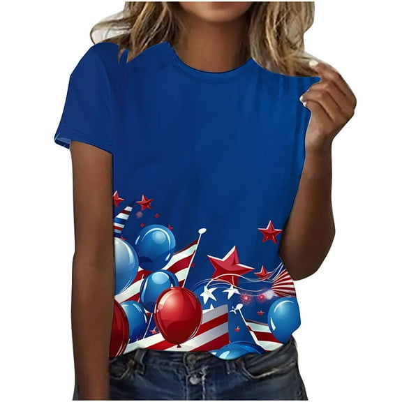 GERsome 4th of July Crewneck T-Shirt for Women American Flag Patriotic Short Sleeve Tops USA Flag Stars Stripes Casual Summer Tee S-2XL
