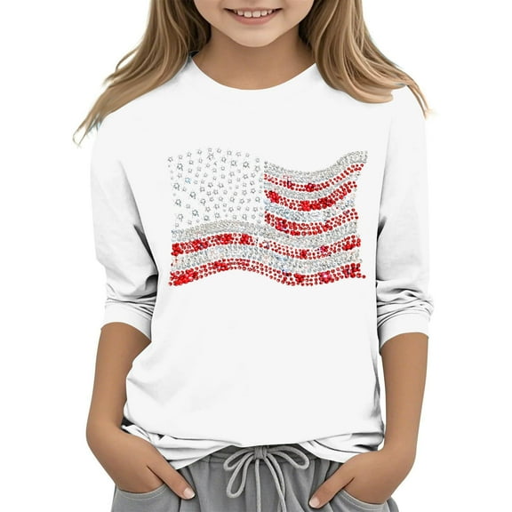 GERsome 4th of July Girls Boys' 3/4 Sleeve Crewneck T-Shirts American Flag Tshirts for Unisex Kids Funny Patriotic Print Tees, 7-8 Years