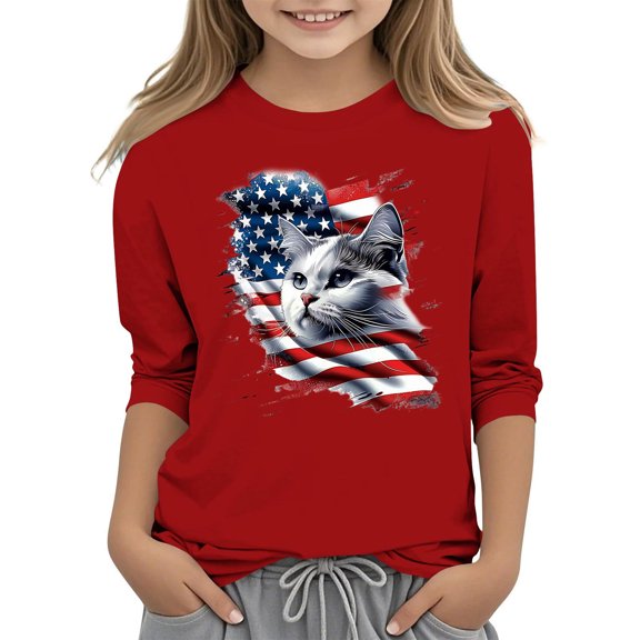 GERsome 4th of July Girls Boys' 3/4 Sleeve Crewneck T-Shirts American Flag Tshirts for Unisex Kids Funny Patriotic Print Tees, 9-10 Years