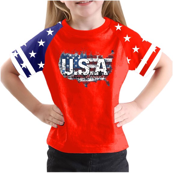GERsome 4th of July Girls Boys' Short Sleeve Crewneck T-Shirts American Flag Tshirts for Unisex Kids Funny Patriotic Print Tees, 3-4 Years