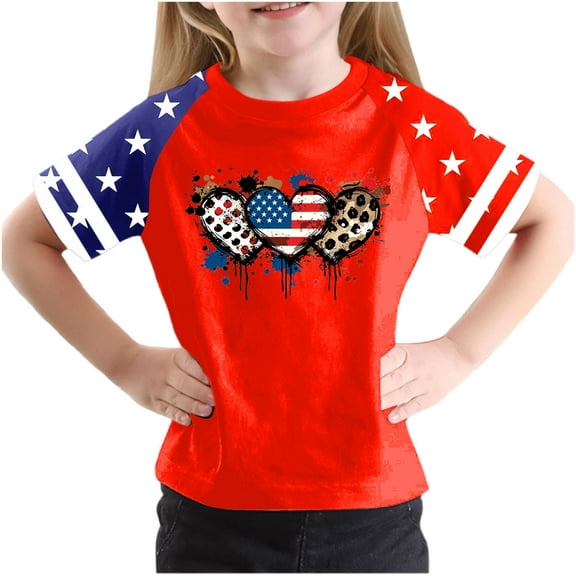 GERsome 4th of July Girls Boys' Short Sleeve Crewneck T-Shirts American Flag Tshirts for Unisex Kids Funny Patriotic Print Tees, 7-8 Years