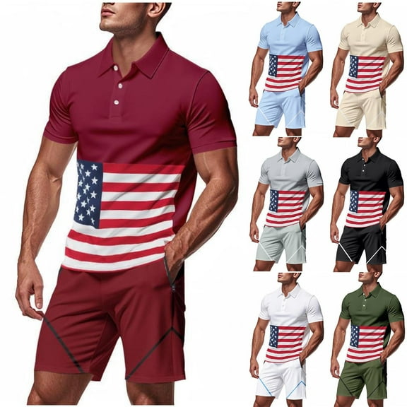 GERsome 4th of July Mens 2 Piece Outfits Button Down Short Sleeve Tops and Shorts Sets American Flag Graphic Summer Jogging Tracksuits S-3XL