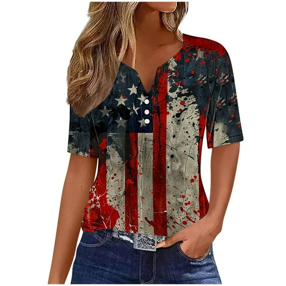 GERsome 4th of July Patriotic T-Shirt for Women American Flag Short Sleeve V-neck Tops Casual Loose Fit USA Veteran Pullover Tops S-3XL