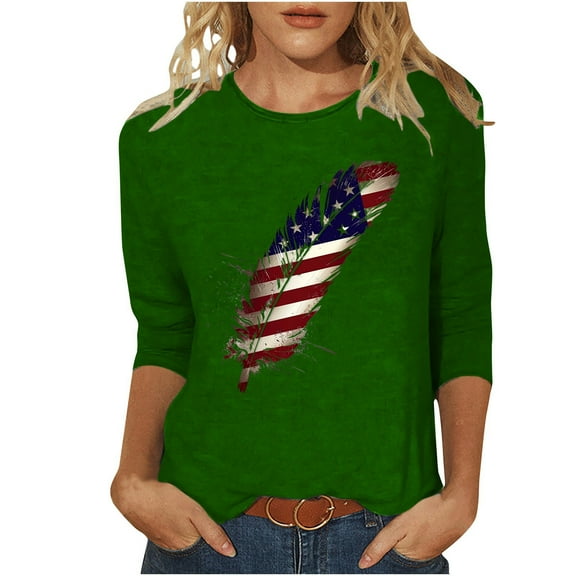 GERsome 4th of July Patriotic T-Shirt for Women Casual 3/4 Sleeve Tops Loose Fit Crewneck Shirts American Flag Patriotic Tee Shirts S-3XL