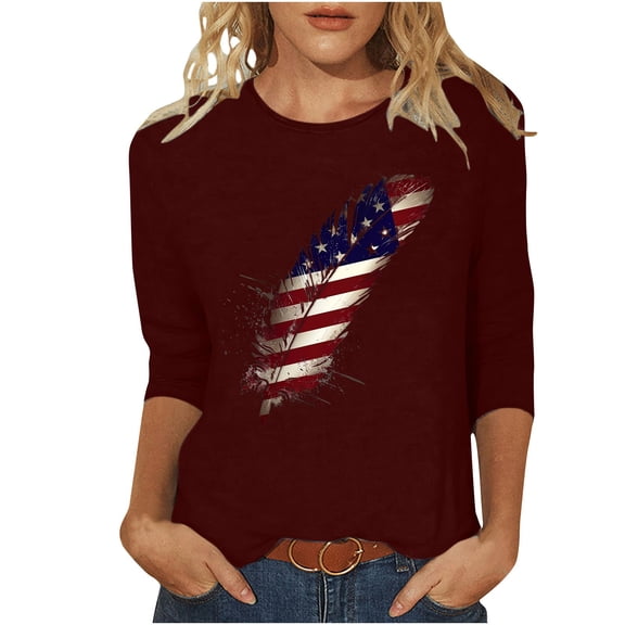 GERsome 4th of July Patriotic T-Shirt for Women Casual 3/4 Sleeve Tops Loose Fit Crewneck Shirts American Flag Patriotic Tee Shirts S-3XL