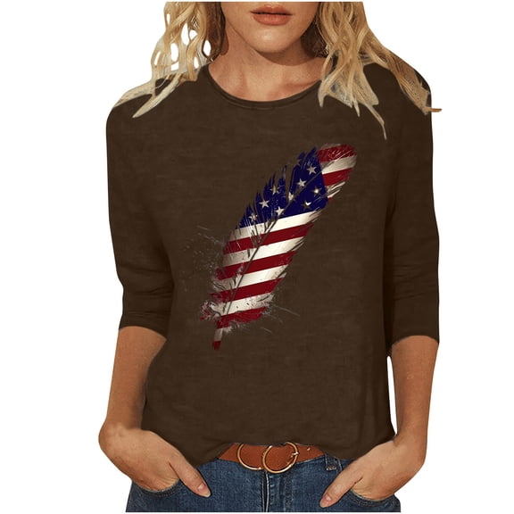 GERsome 4th of July Patriotic T-Shirt for Women Casual 3/4 Sleeve Tops Loose Fit Crewneck Shirts American Flag Patriotic Tee Shirts S-3XL