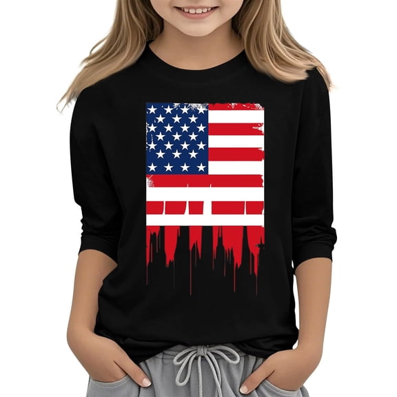 GERsome 4th of July Patriotic T-Shirts for Girls American Flag 3/4 Sleeve Crewneck Tops USA Flag Stars Stripes Graphic Tee, 3-4 Years