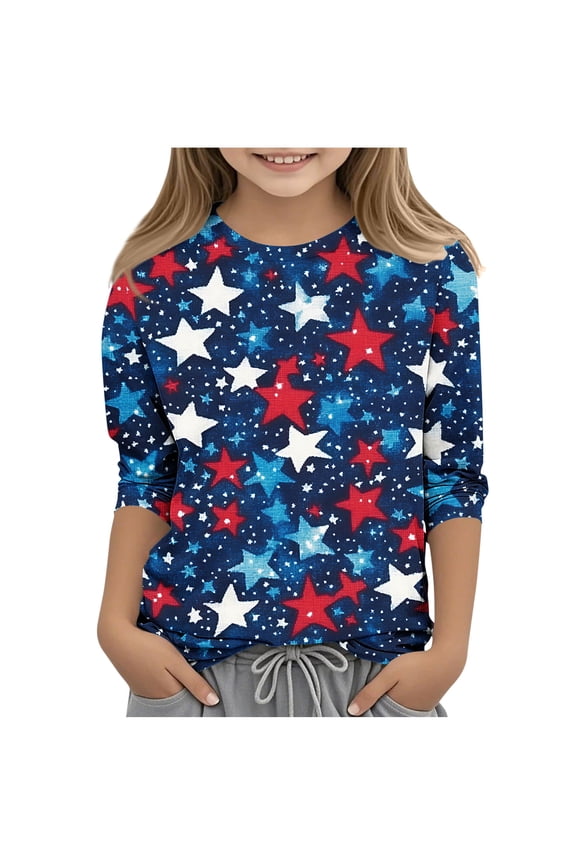 4th of July Patriotic T-Shirts for Girls American Flag 3/4 Sleeve Crewneck Tops USA Flag Stars Stripes Graphic Tee, Sizes 3-4 Years