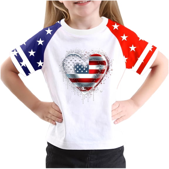 GERsome 4th of July Patriotic T-Shirts for Girls American Flag Short Sleeve Crewneck Tops USA Flag Stars Stripes Graphic Tee, 13-14 Years