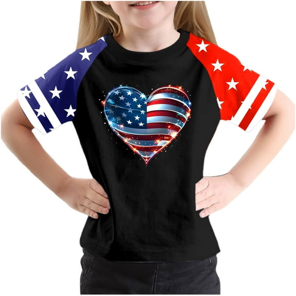 GERsome 4th of July Patriotic T-Shirts for Girls American Flag Short Sleeve Crewneck Tops USA Flag Stars Stripes Graphic Tee, 9-10Years