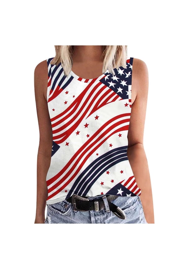 4th of July Patriotic Tank Tops for Women Summer Sleeveless Loose Fit Tops American Flag Crew Neck T-Shirts S-5XL