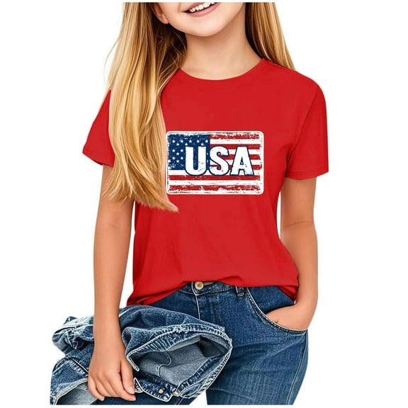 GERsome 4th of July Shirts for Girls Short Sleeve Crew Neck Patriotic T-Shirts American Flag Kids Tees Tops