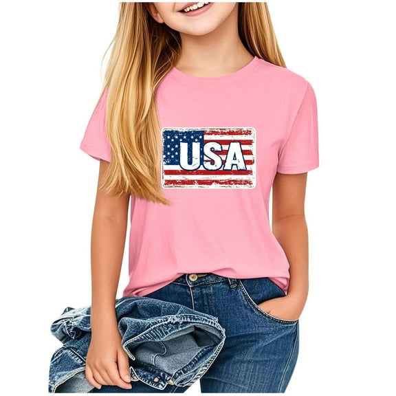 GERsome 4th of July Shirts for Girls Short Sleeve Crew Neck Patriotic T-Shirts American Flag Kids Tees Tops