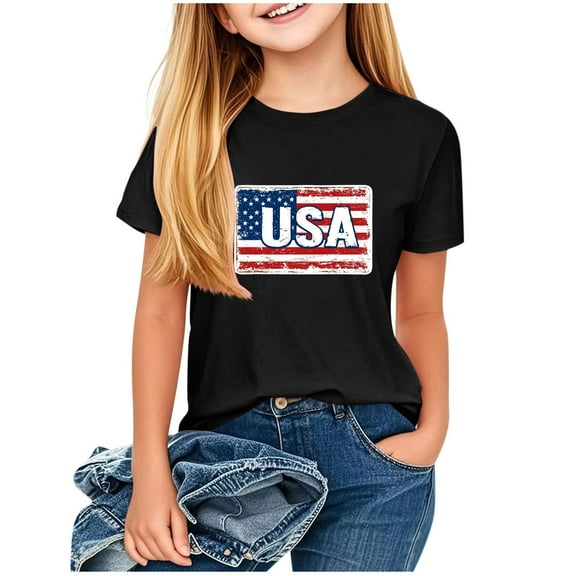 GERsome 4th of July Shirts for Girls Short Sleeve Crew Neck Patriotic T-Shirts American Flag Kids Tees Tops