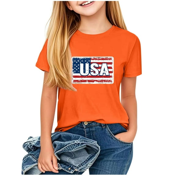 GERsome 4th of July Shirts for Girls Short Sleeve Crew Neck Patriotic T-Shirts American Flag Kids Tees Tops