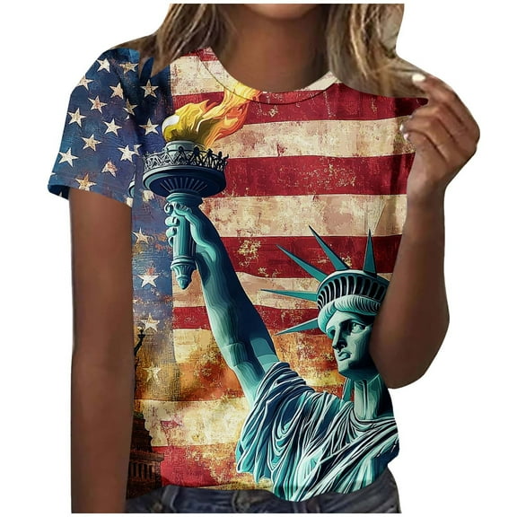 GERsome 4th of July Short Sleeve T Shirts for Women American Flag Patriotic Crewneck Tops USA Flag Stars Stripes Loose Fit Summer Tee S-2XL