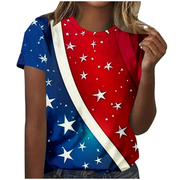 GERsome 4th of July Short Sleeve T Shirts for Women American Flag Patriotic Crewneck Tops USA Flag Stars Stripes Loose Fit Summer Tee S-2XL