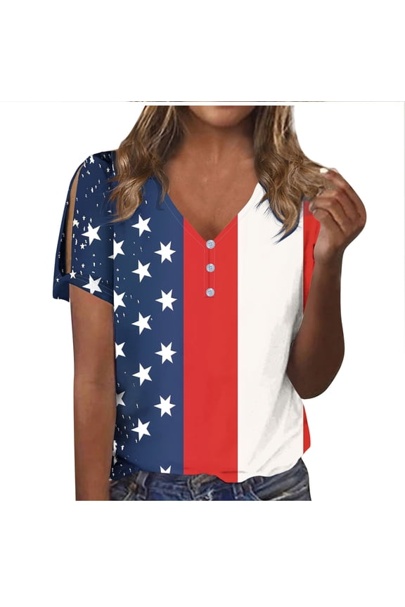 4th of July Short Sleeve T Shirts for Women American Flag Patriotic Tops USA Flag Stars Stripes V-neck Loose Fit Summer Tee S-3XL