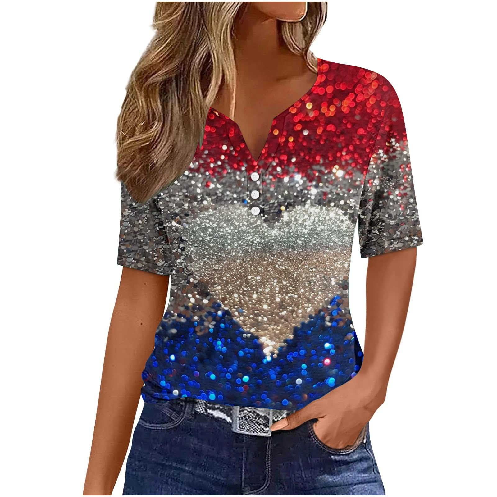 Women's V-Neck American Flag T-Shirt – July 4th USA Patriotic Top By Feinuhan