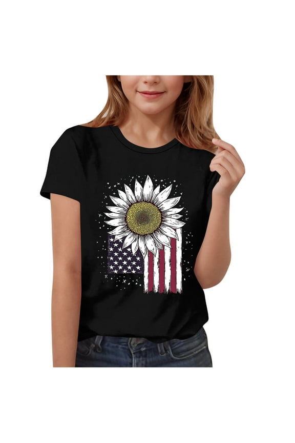 4th of July T-Shirt for Toddler Boys Girls, Unisex Kids American Flag Shirts Summer Crew Neck Short Sleeve Tshirts, Sizes 7-8Years