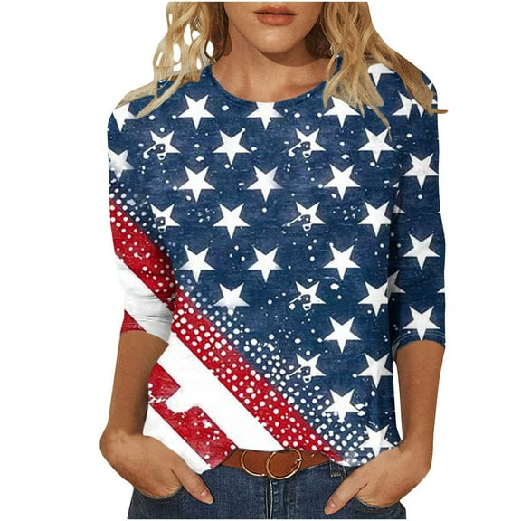 GERsome 4th of July T-Shirt for Women 3/4 Sleeve Crewneck American Flag Tshirt Funny USA Stars Stripes Patriotic Graphic Tee S-5XL
