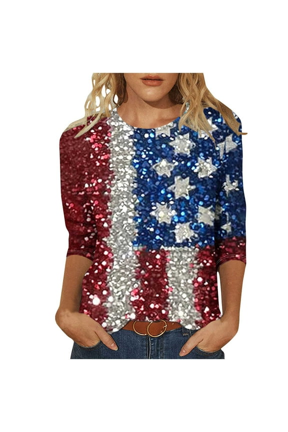 4th of July T-Shirt for Women American Flag 3/4 Sleeve Crewneck Tops USA Flag Stars Stripes Patriotic Graphic Tee S-5XL