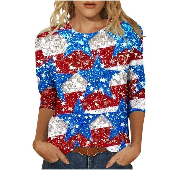GERsome 4th of July T-Shirt for Women American Flag 3/4 Sleeve Crewneck Tops USA Flag Stars Stripes Patriotic Graphic Tee S-5XL