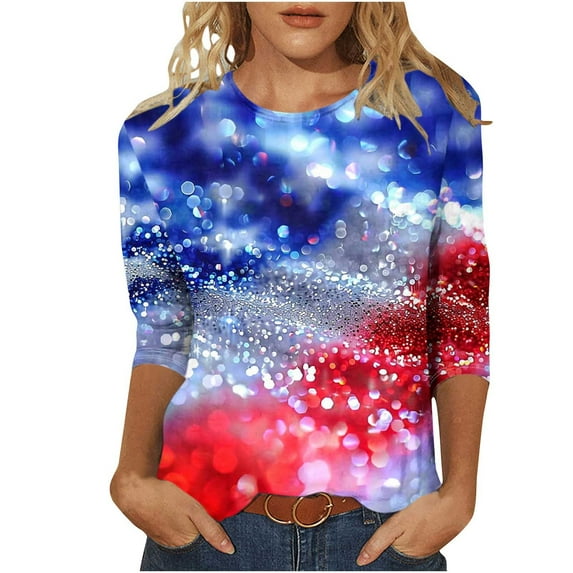 GERsome 4th of July T-Shirt for Women American Flag 3/4 Sleeve Crewneck Tops USA Flag Stars Stripes Patriotic Graphic Tee S-5XL