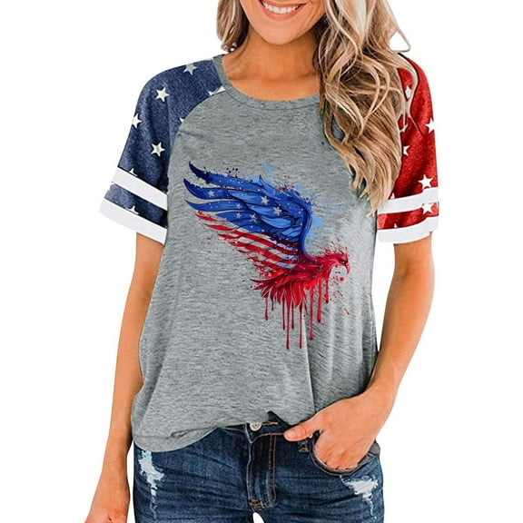 GERsome 4th of July T-Shirt for Women Raglan Short Sleeve Crewneck Tshirt Funny Patriotic Graphic Shirts USA Flag Stars Stripes Tee S-3XL