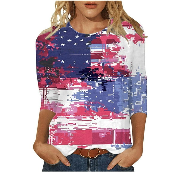 GERsome 4th of July T Shirts Womens 3/4 Length Sleeve Patriotic Tops Casual American Flag Shirts Crewneck Loose-Fit Blouses S-5XL