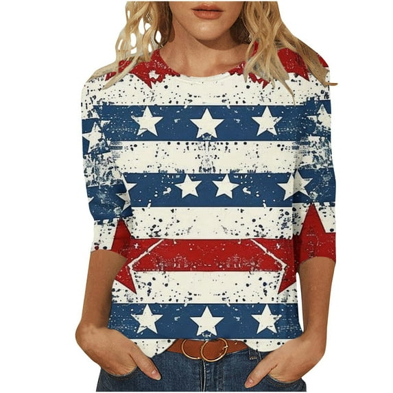 GERsome 4th of July T Shirts Womens 3/4 Length Sleeve Patriotic Tops Casual American Flag Shirts Crewneck Loose-Fit Blouses S-5XL