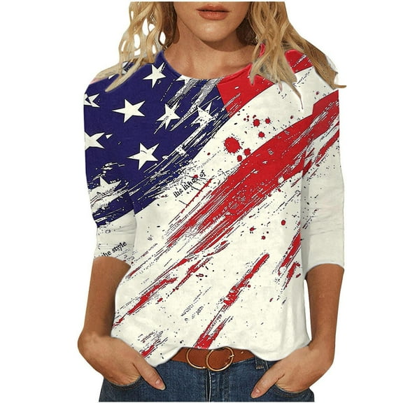 GERsome 4th of July T Shirts Womens 3/4 Length Sleeve Patriotic Tops Casual American Flag Shirts Crewneck Loose-Fit Blouses S-5XL