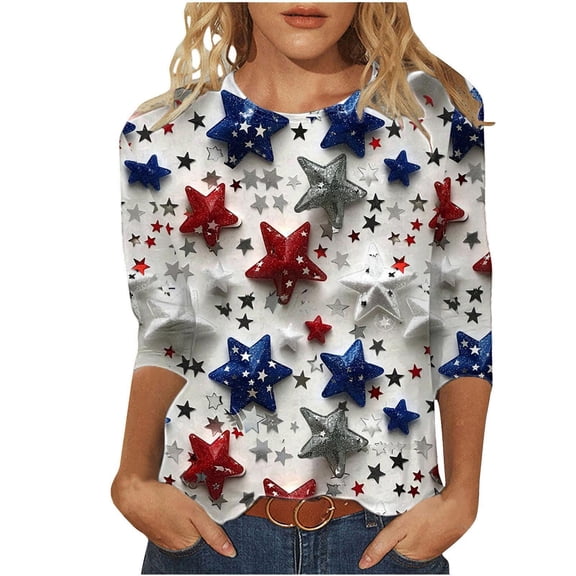 GERsome 4th of July T Shirts Womens 3/4 Length Sleeve Patriotic Tops Casual American Flag Shirts Crewneck Loose-Fit Blouses S-5XL