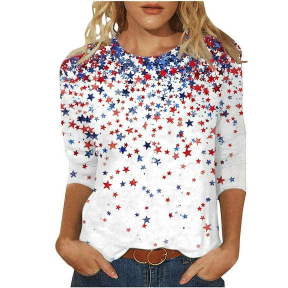 GERsome 4th of July T Shirts Womens 3/4 Length Sleeve Patriotic Tops Casual American Flag Shirts Crewneck Loose-Fit Blouses S-5XL