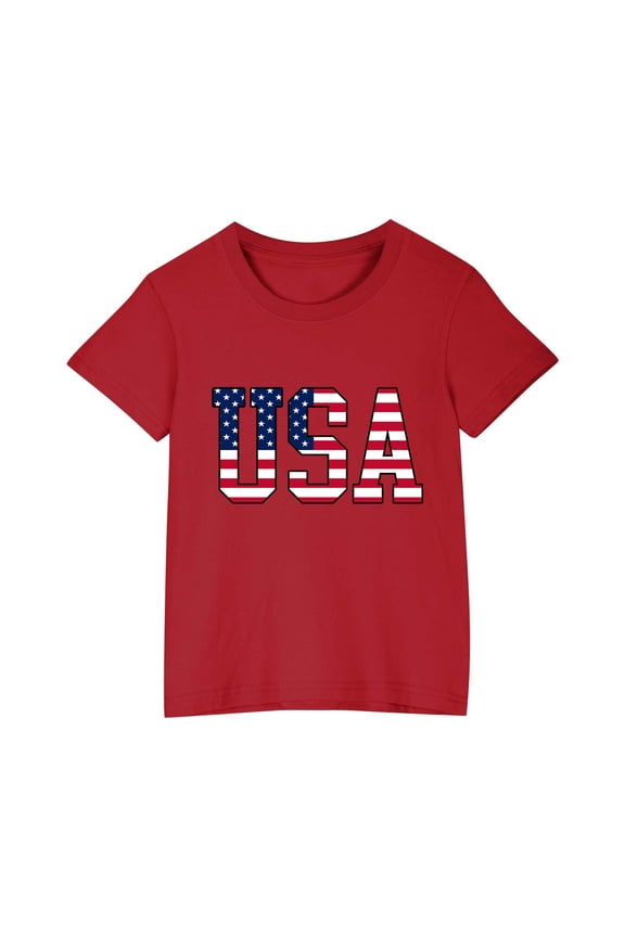 4th of July T-Shirts for Boys Girls American Flag Graphic Tee Shirts Cotton Short Sleeve Crew Neck USA Print Patriotic Tops, Sizes 7-8 Years