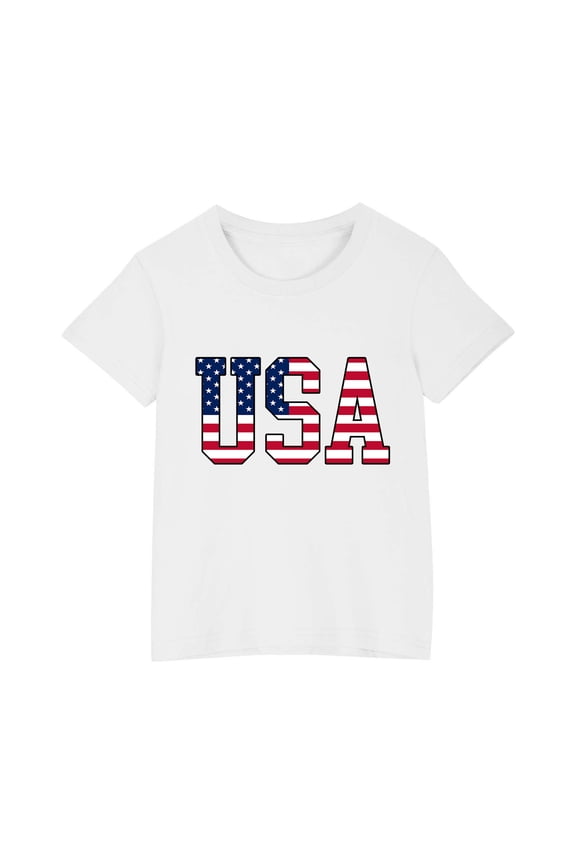 4th of July T-Shirts for Boys Girls American Flag Graphic Tee Shirts Cotton Short Sleeve Crew Neck USA Print Patriotic Tops, Sizes 7-8 Years