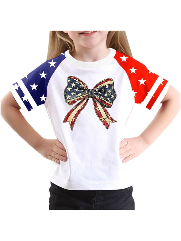 4th of July T-Shirts for Boys Girls American Flag Short Sleeve Crewneck Tshirt USA Flag Stars Stripes Patriotic Graphic Tee, 11-12 Years