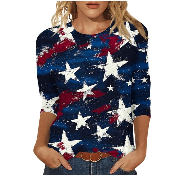 GERsome 4th of July T Shirts for Women 3/4 Sleeve Patriotic Pullover Tops Casual American Flag Shirts Crewneck Loose-Fit Blouses S-5XL