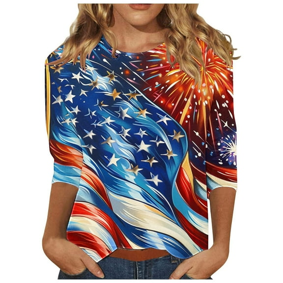 GERsome 4th of July T Shirts for Women 3/4 Sleeve Patriotic Pullover Tops Casual American Flag Shirts Crewneck Loose-Fit Blouses S-5XL