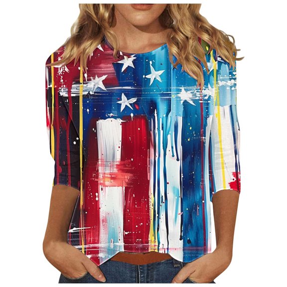 GERsome 4th of July T Shirts for Women 3/4 Sleeve Patriotic Pullover Tops Casual American Flag Shirts Crewneck Loose-Fit Blouses S-5XL
